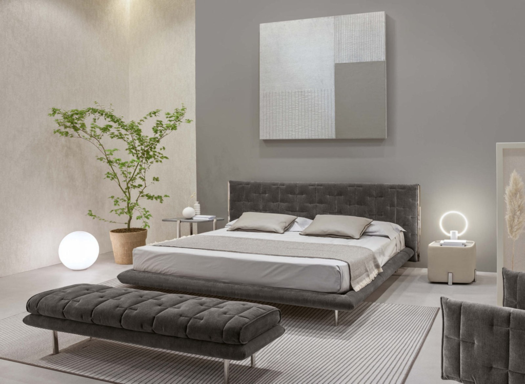 Upholstered bed in a finished bedroom from the catalogue