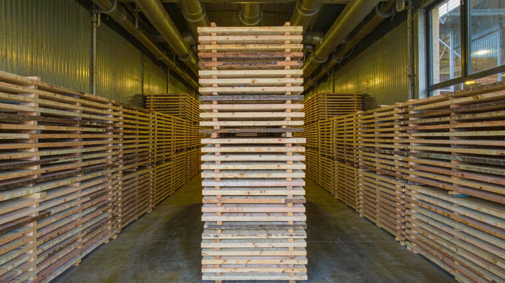 kiln-dried hardwood boards stacked inside a furniture drying kiln