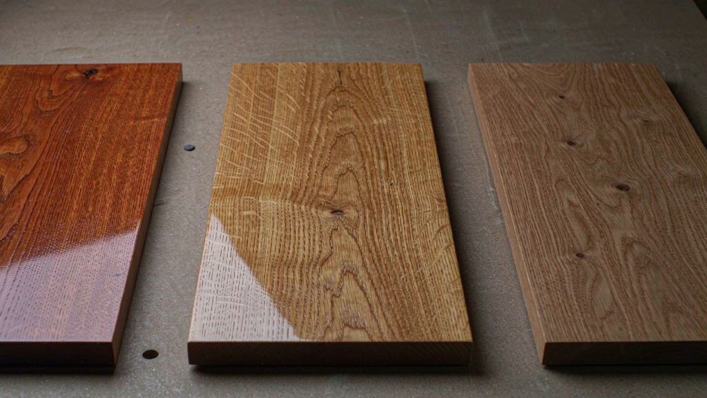  solid wood veneer and engineered wood samples side by side