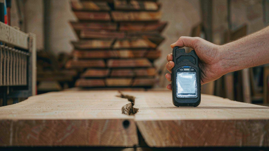 checking wood moisture content with a pinless moisture meter on stacked hardwood boards